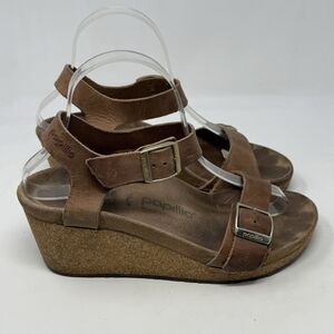 Birkenstock Papillio Soley Nubuck Wedge Sandals Womens 7 Narrow Tan Brown Strap